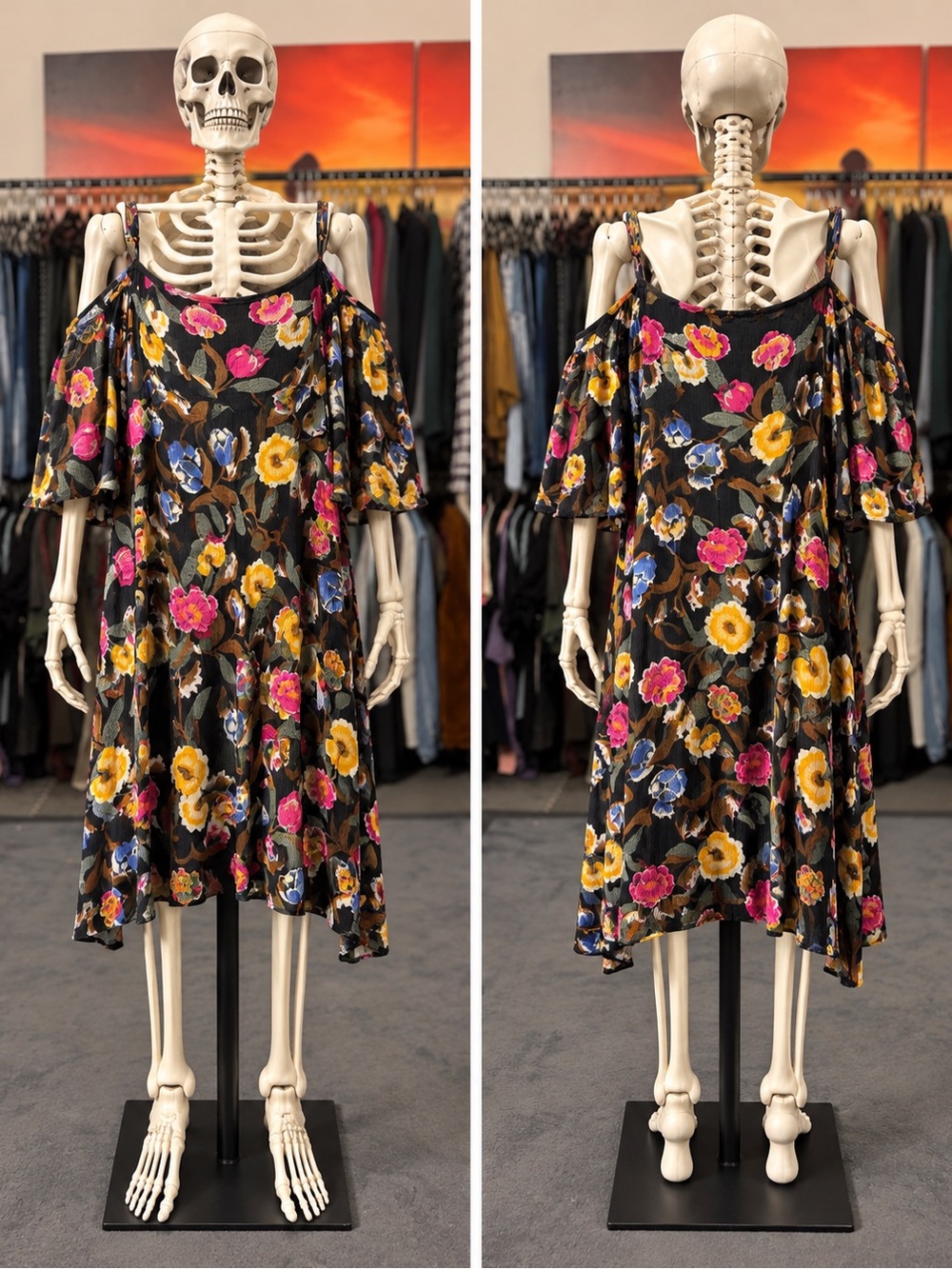 Women’s Black Floral Cold-Shoulder Dress with Pink, Yellow & Blue Blooms